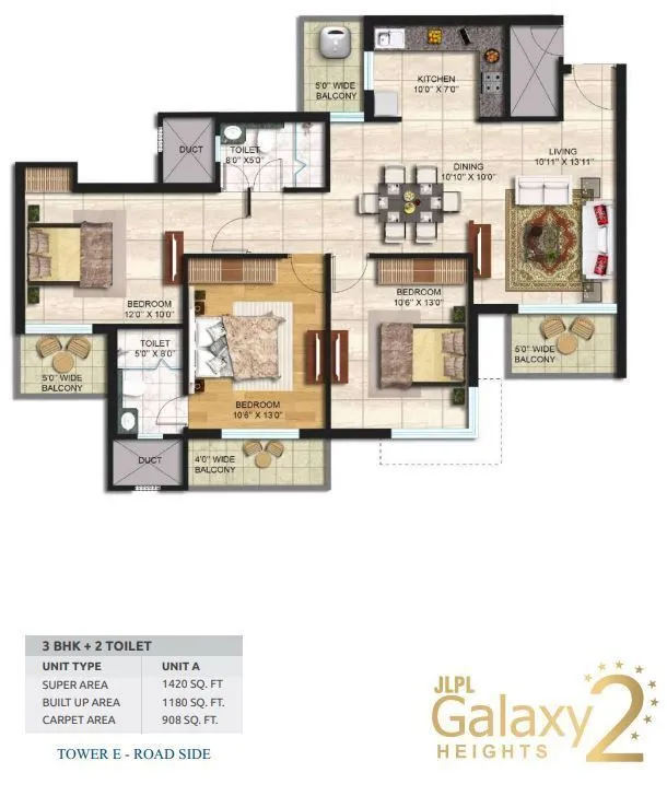 JLPL Galaxy Heights 2 3 BHK 1420 sq.ft floor plan