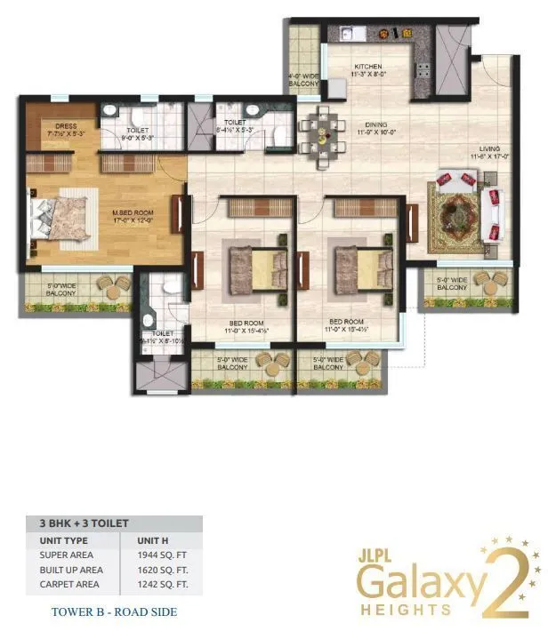 JLPL Galaxy Heights 2 3 BHK 1944 sq.ft floor plan
