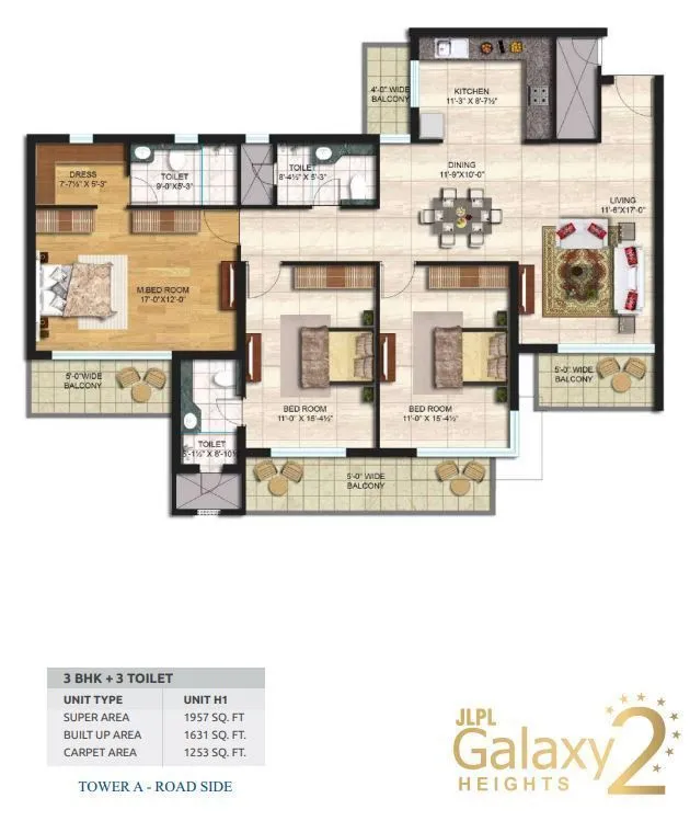 JLPL Galaxy Heights 2 3 BHK 1957 sq.ft floor plan