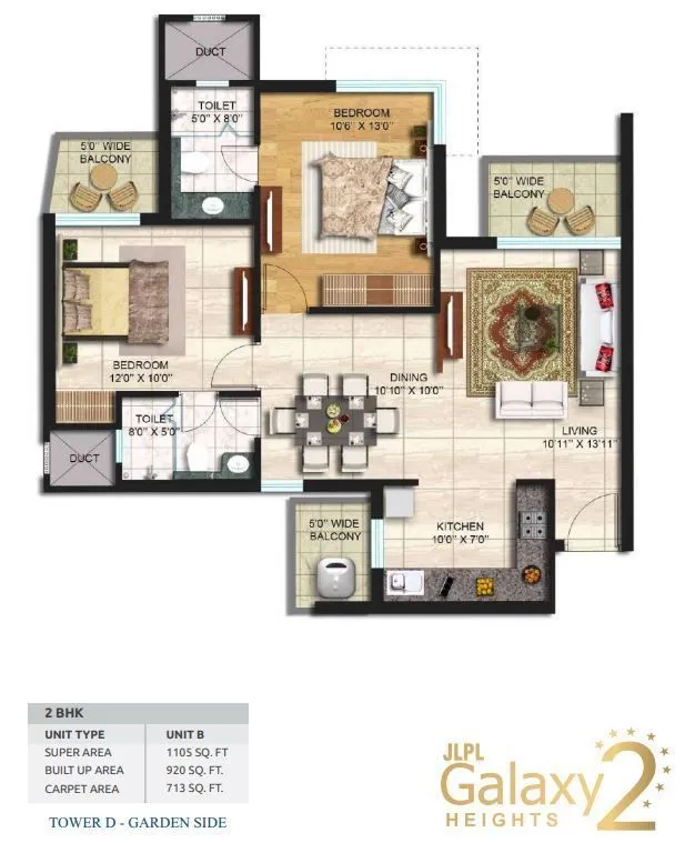 JLPL Galaxy Heights 2 2 BHK 1105 sq.ft floor plan