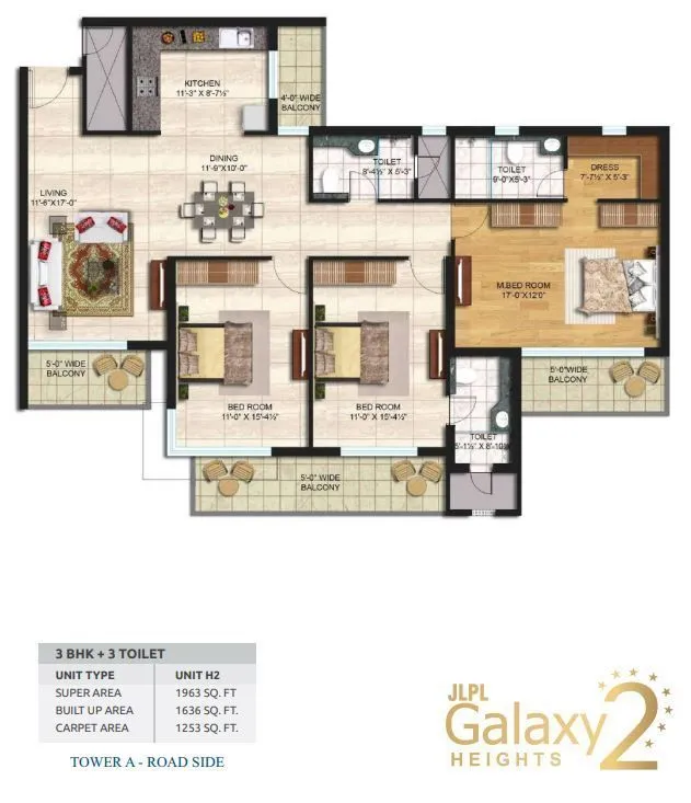 JLPL Galaxy Heights 2 3 BHK 1963 sq.ft floor plan