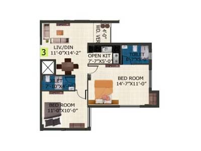 966 sq ft 2 BHK Floor Plan Image - Unimark Group Srijan Heritage Enclave  Available for sale 