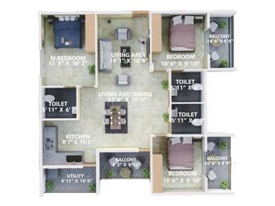 966 sq ft 2 BHK Floor Plan Image - Splendid Group Lake Dews Available for  sale 