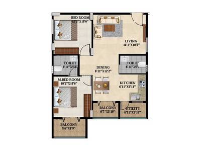 966 sq ft 2 BHK Floor Plan Image - Splendid Group Lake Dews