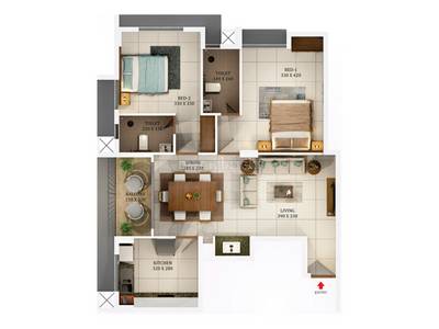 942 sq ft 2 BHK Floor Plan Image - Qualcon Takka Properties Green Meadows  Available for sale 